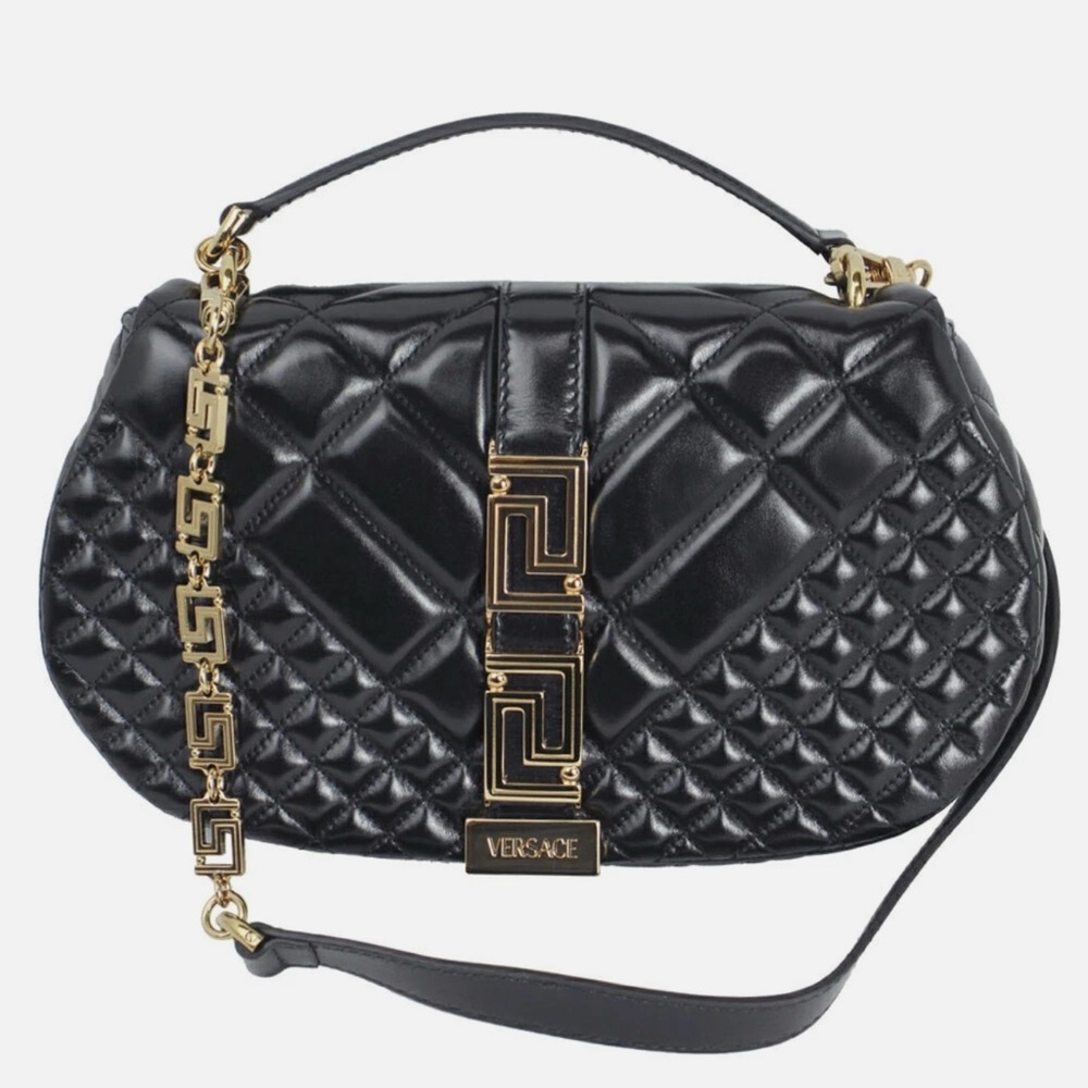 VERSACE GRECA GODDESS BLACK LEATHER HAND BAG W/CHAIN STRAP 1011178